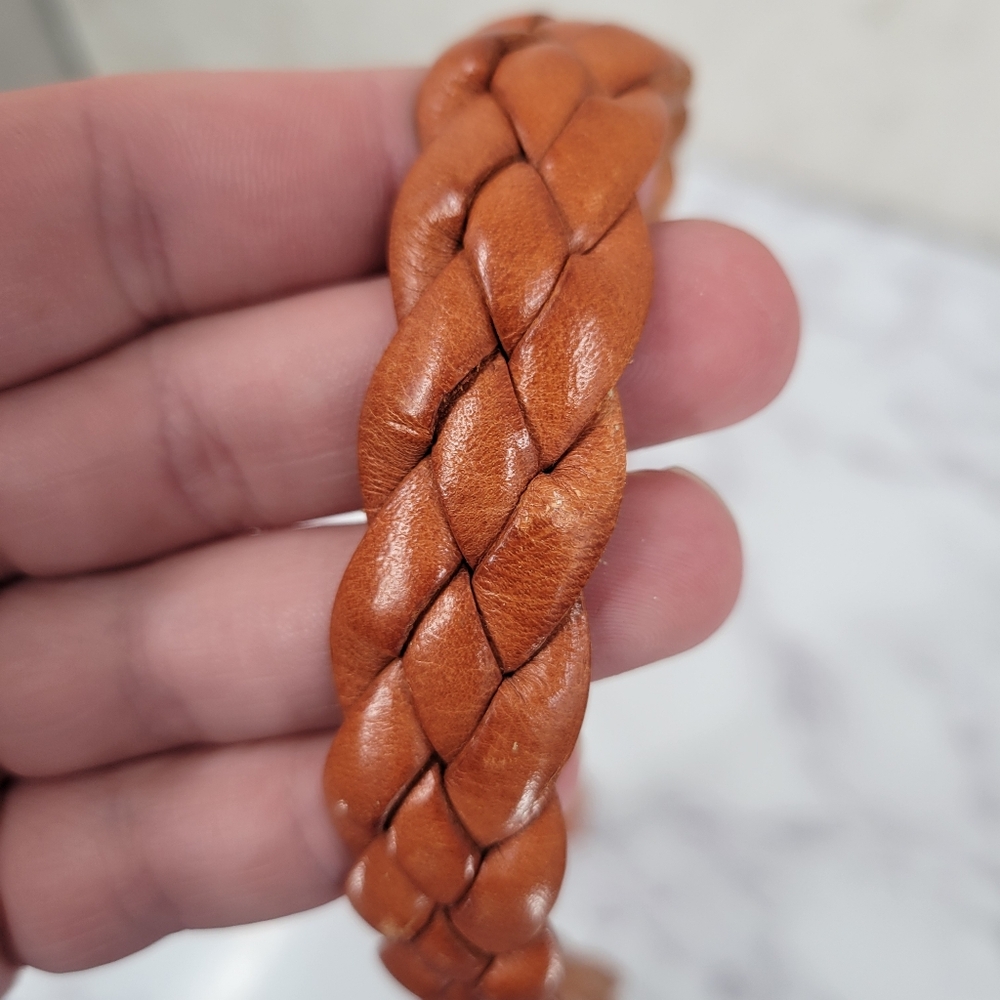 Braided Leather Waist Belt in Cognac with Gold Tone Buckle - Picture 8 of 10